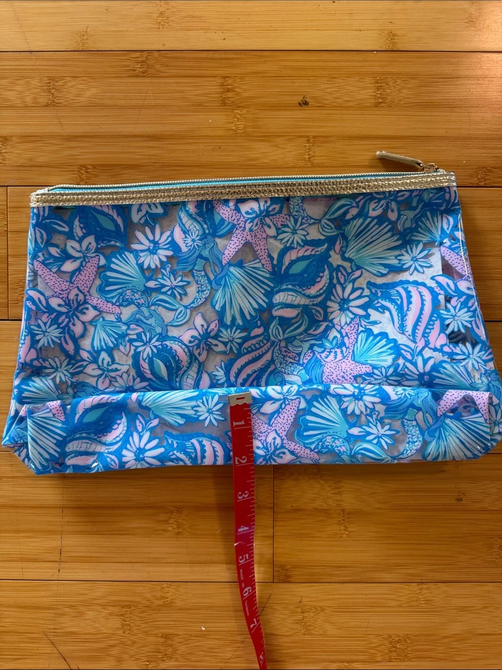 Lilly Pulitzer Blue & Pink Tropical Floral Cosmetic Pouch with Gold Trim